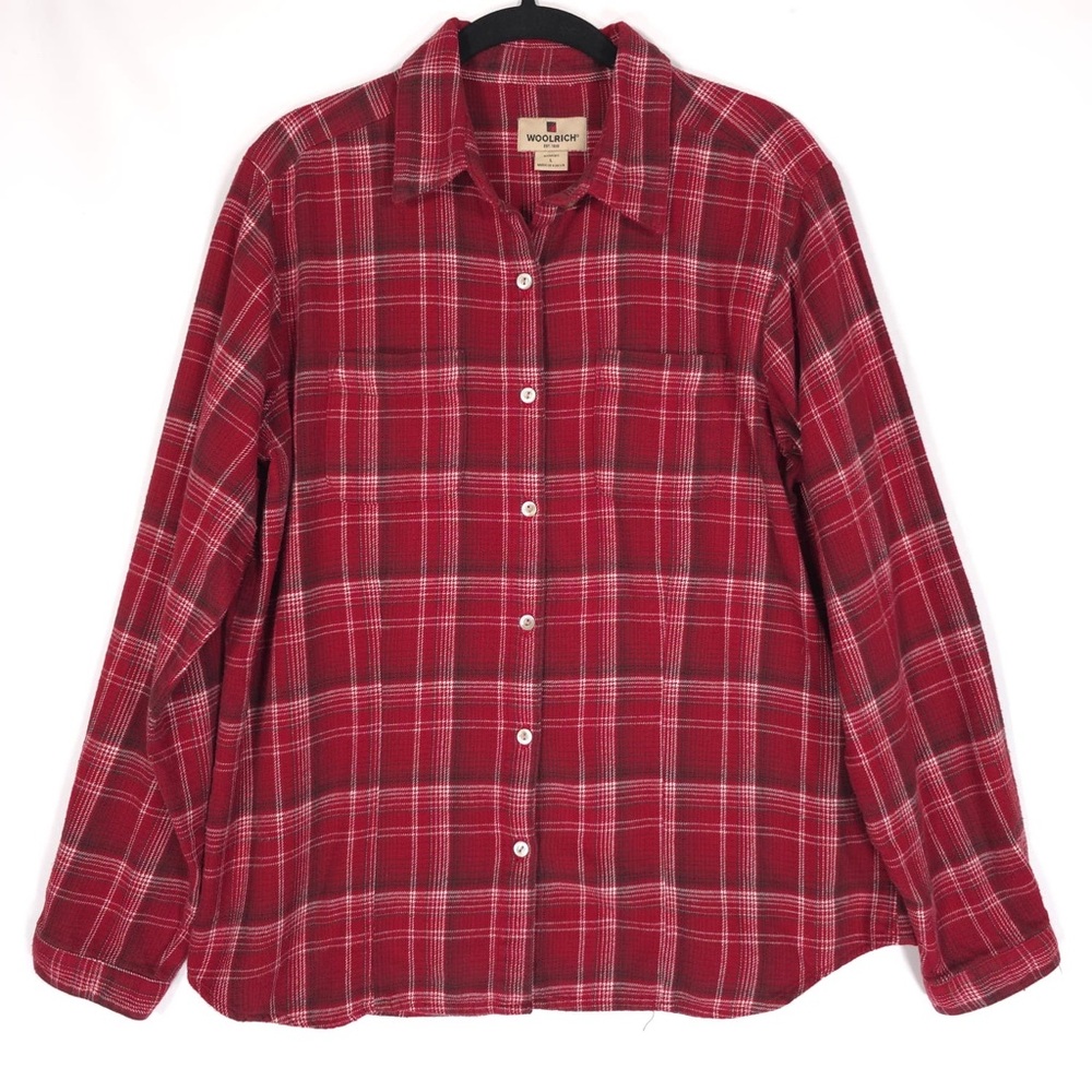 WOOLRICH Women’s Plaid‎ Shirt Plaid Red Cotton Long Sleeve 2 Pockets LARGE
